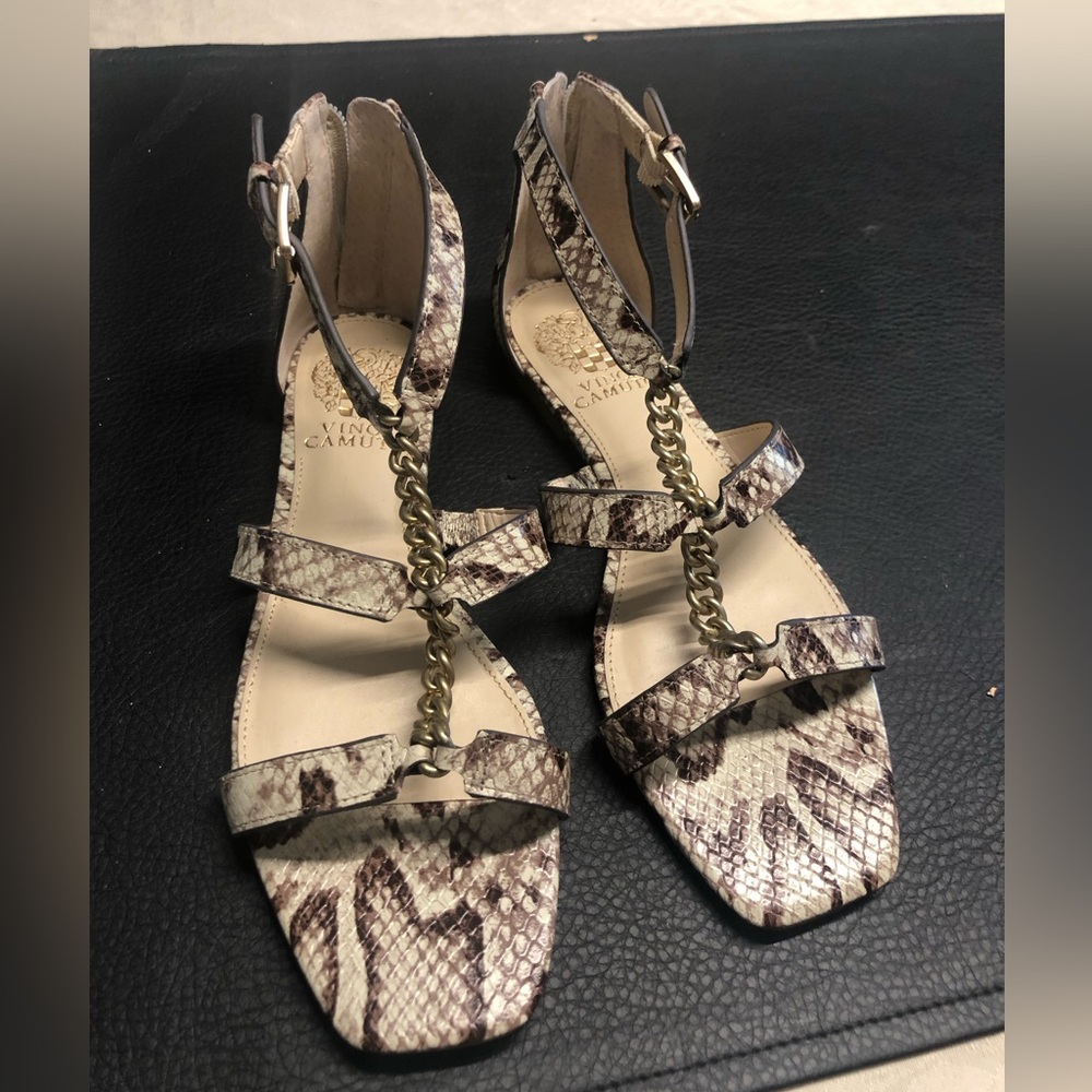 Vince Camuto Snake-Print Sandals with Gold Chain